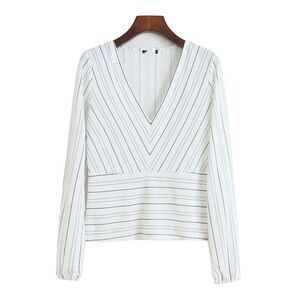 Striped Top slim fit v neck cut out long sleeve round crew neck blouse
